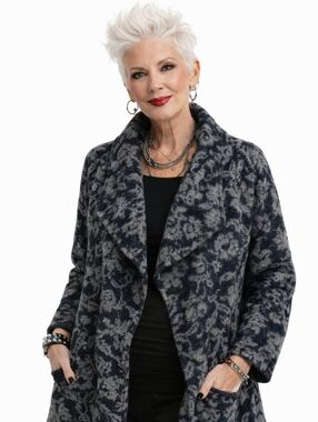 Ellen Tracy Navy Blue & Gray Wool Blend Cowl Neck Cardigan Sweater 2X